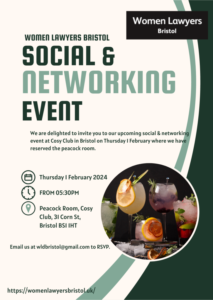 women lawyers bristol social and networking event poster, text is set out in body of post.